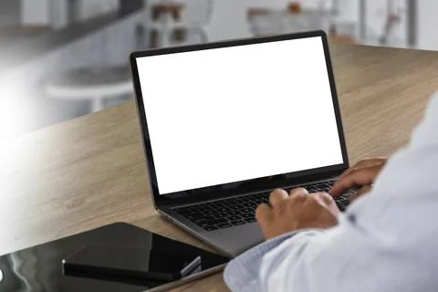 Digital tablet computer close up man using tablet hands man multitasking wi.. 스톡 사진