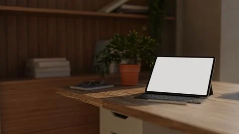 Digital tablet computer mockup with blank screen on wooden office desk Stock Illustration