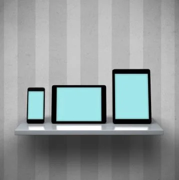 Digital tablet computers and smart phone on a shelf Stock Illustration