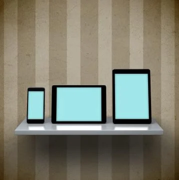 Digital tablet computers and smart phone on a shelf Stock Illustration