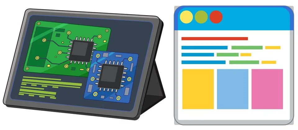 Digital Tablet Displaying Circuit Board Components and Web Browser Interface イラスト素材