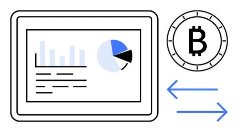 Digital Tablet Displaying Data Analytics Next to Bitcoin Symbol with Transa.. Illustrazione stock