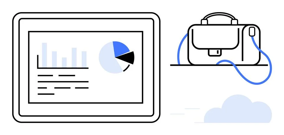 Digital tablet displaying data charts beside a business briefcase. Ideal for  Stockillustratie