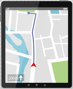A digital tablet displays a map with a route highlighted, showing the user'.. Stock-Illustration