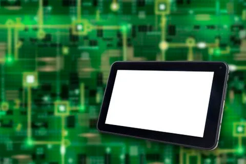 Digital tablet with electronic background and white blank display Stock Photos