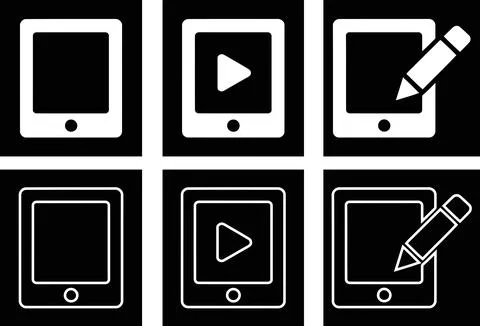 Digital Tablet Icon Set, Device Screen Play Button and Pencil Symbol White .. Stock Illustration