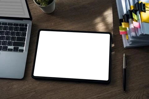 Digital tablet mockup with blank white screen iPad digital tablet office de.. Stock Photos