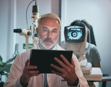 Digital tablet, optometry and man in a clinic doing optic research during eye Stock Photos