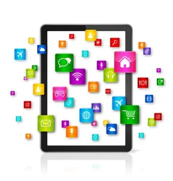 Digital Tablet PC and flying apps icons Stock Illustration