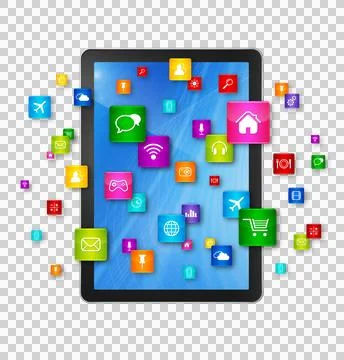 Digital Tablet pc and flying apps icons Illustrazione stock