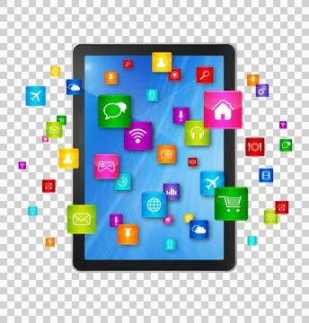 Digital Tablet pc and flying apps icons Stock Illustration