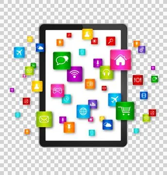 Digital Tablet PC and flying apps icons Stock Illustration