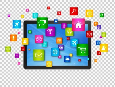 Digital Tablet pc and flying apps icons Stock Illustration