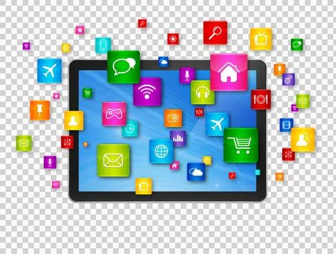 Digital Tablet pc and flying apps icons Stock Illustration