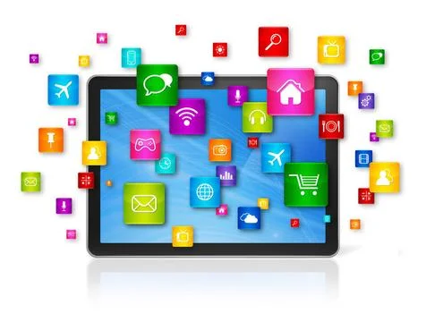 Digital Tablet pc and flying apps icons 3D Digital Tablet pc with flying a... Stock Photos