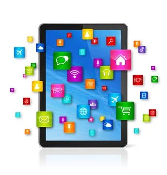 Digital Tablet pc and flying apps icons 3D Digital Tablet pc with flying a... Foto stock