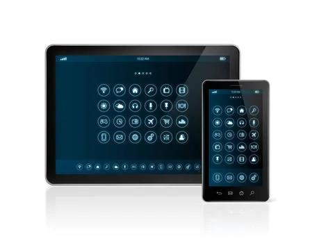 Digital tablet pc and smartphone with apps icons interface 3D digital tabl... Stock Photos