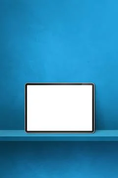 Digital tablet pc on blue wall shelf. Vertical background banner Illustrazione stock
