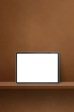 Digital tablet pc on brown wall shelf. Vertical background banner Stock Illustration