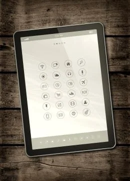Digital tablet PC on a dark wood table Stock Illustration