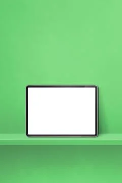 Digital tablet pc on green wall shelf. Vertical background banner Stock Illustration