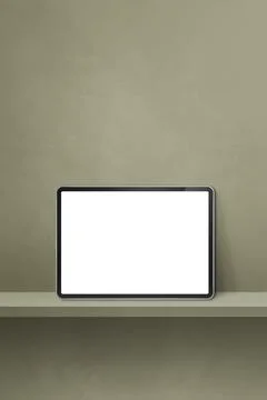 Digital tablet pc on green wall shelf. Vertical background banner Illustrazione stock