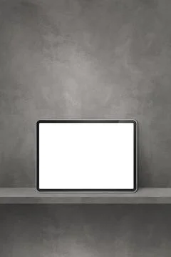 Digital tablet pc on grey wall shelf. Vertical background banner Illustrazione stock