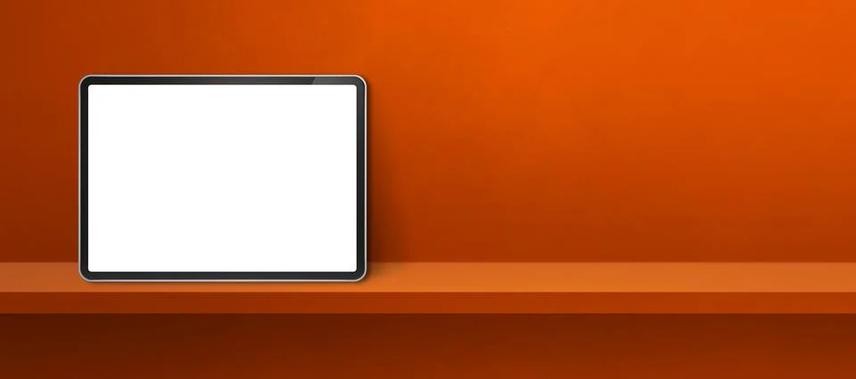 Digital tablet pc on orange wall shelf. Background banner Stock Illustration