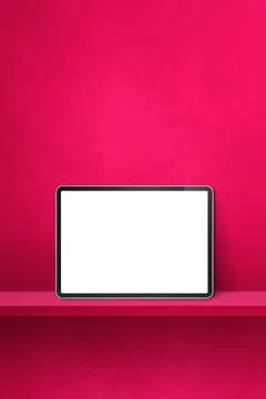 Digital tablet pc on pink wall shelf. Vertical background banner Stock Illustration