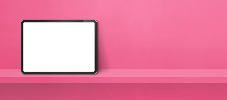 Digital tablet pc on pink wall shelf. Background banner Stock Illustration