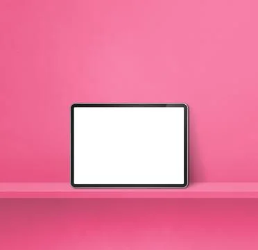 Digital tablet pc on pink wall shelf. Square background banner Stock Illustration