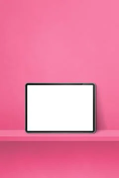 Digital tablet pc on pink wall shelf. Vertical background banner Stock Illustration