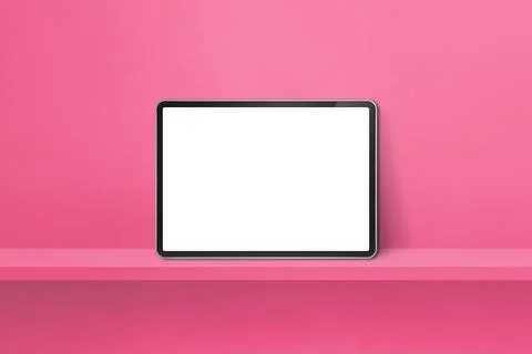 Digital tablet pc on pink wall shelf. Horizontal background banner Stock Illustration
