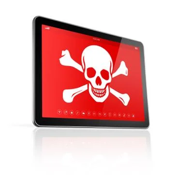 Digital tablet PC with a pirate symbol on screen. Hacking concept Stock-Illustration