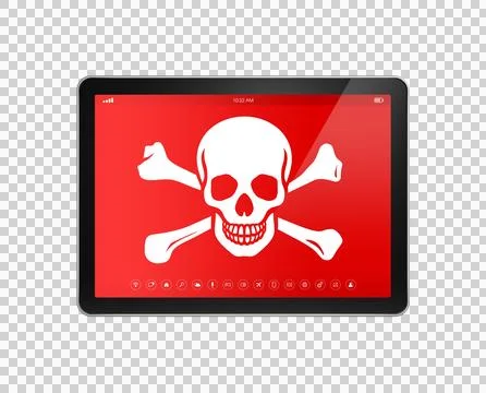 Digital tablet PC with a pirate symbol on screen. Hacking concept Stock-Illustration