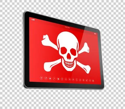 Digital tablet PC with a pirate symbol on screen. Hacking concept Stock-Illustration