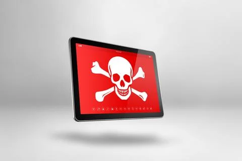 Digital tablet PC with a pirate symbol on screen. Hacking and virus concept Stock-Illustration