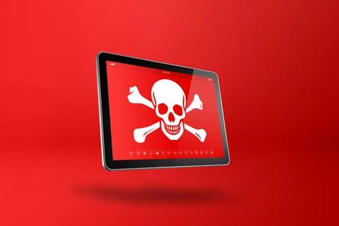 Digital tablet PC with a pirate symbol on screen. Hacking and virus concept Stock-Illustration