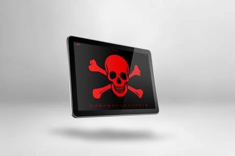 Digital tablet PC with a pirate symbol on screen. Hacking and virus concept Stock-Illustration