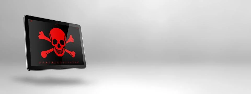 Digital tablet PC with a pirate symbol on screen. Hacking and virus concept Stock Illustration