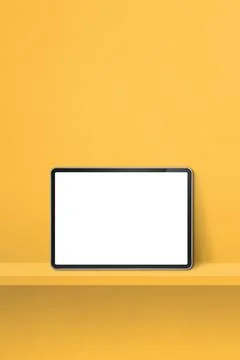 Digital tablet pc on yellow wall shelf. Vertical background banner Illustrazione stock