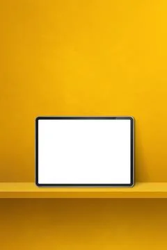 Digital tablet pc on yellow wall shelf. Vertical background banner Stock Illustration