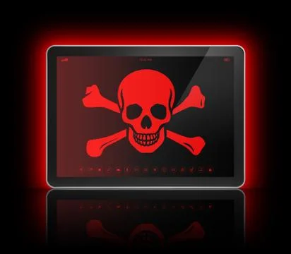 Digital tablet with a pirate symbol on screen. Hacking concept イラスト素材