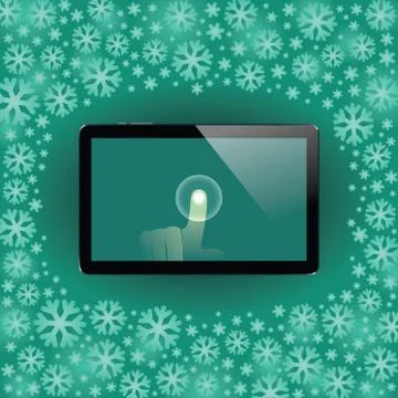 Digital tablet with shiny sensor screen with touch hand. Electronic smart d.. Illustrazione stock