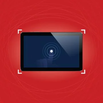 Digital tablet with shiny sensor screen with touch hand. Electronic smart d.. Illustrazione stock
