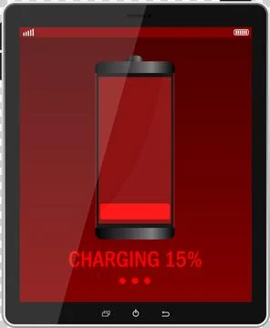 Digital tablet showing a low battery charging symbol with red background an.. Illustrazione stock