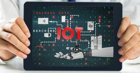 Digital tablet showing robotic arm and icons along with binary code and warnings Stock Photos
