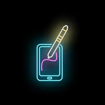 Digital tablet stylus drawing illustration neon glowing Stock Illustration