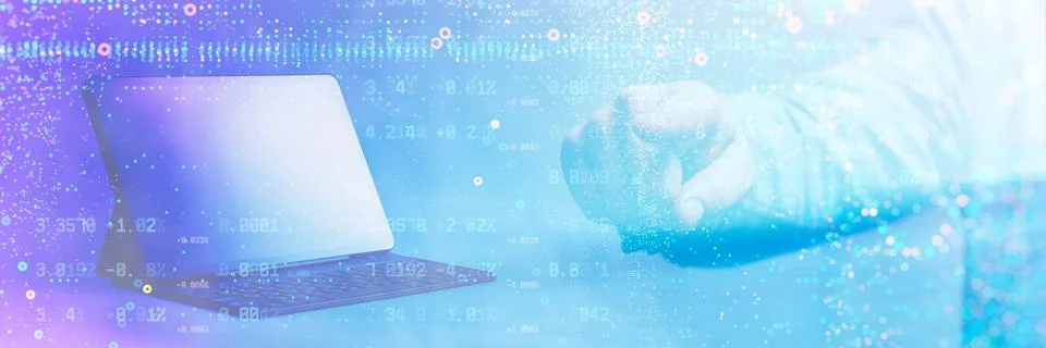Digital Tablet surrounded by abstract numerical data with his hand reaching.. Stockfoto's