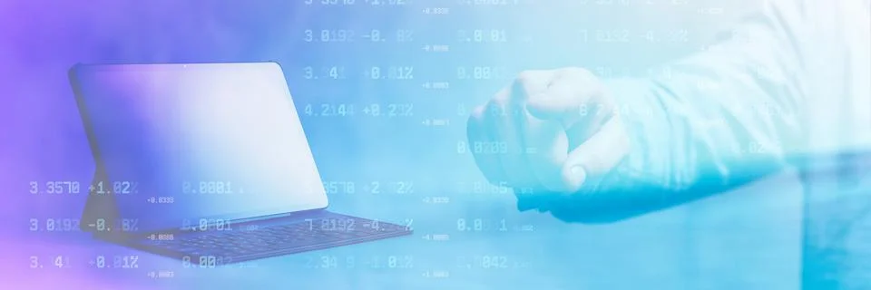 Digital Tablet surrounded by abstract numerical data with his hand reaching.. Stock Photos